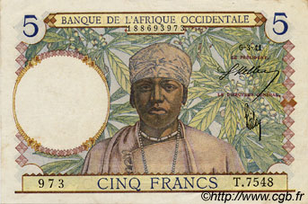 5 Francs FRENCH WEST AFRICA  1941 P.21 EBC+