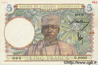 5 Francs Spécimen FRENCH WEST AFRICA  1941 P.25s AU