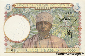 5 Francs Spécimen FRENCH WEST AFRICA  1941 P.25s fST+