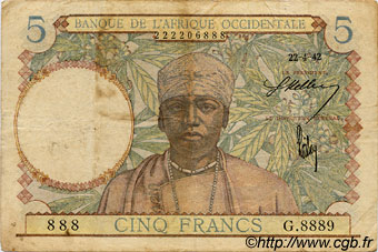 5 Francs FRENCH WEST AFRICA  1942 P.25 SGE