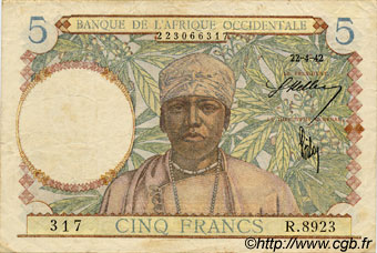 5 Francs FRENCH WEST AFRICA  1942 P.25 BB