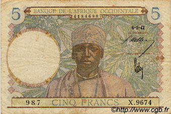 5 Francs FRENCH WEST AFRICA  1942 P.25 F+