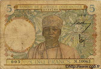 5 Francs FRENCH WEST AFRICA  1942 P.25 G