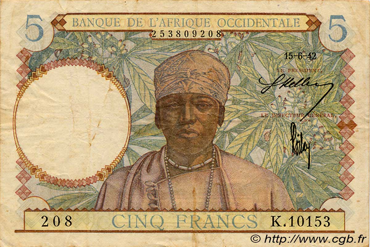 5 Francs FRENCH WEST AFRICA  1942 P.25 MB