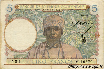 5 Francs FRENCH WEST AFRICA  1942 P.25 q.BB