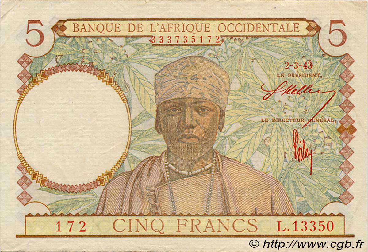 5 Francs FRENCH WEST AFRICA  1943 P.26 VF+