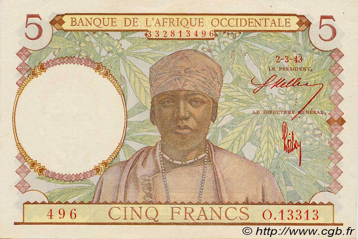 5 Francs FRENCH WEST AFRICA  1943 P.26 fST+