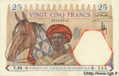 25 Francs FRENCH WEST AFRICA  1936 P.22 q.AU