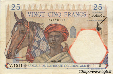 25 Francs FRENCH WEST AFRICA  1939 P.22 EBC