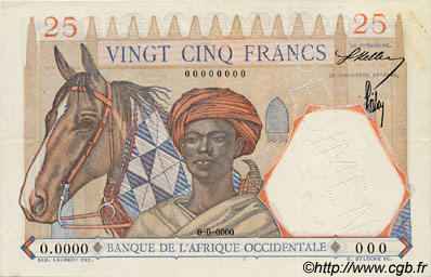 25 Francs Spécimen FRENCH WEST AFRICA  1942 P.27s EBC