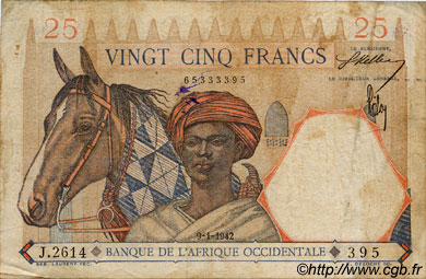25 Francs FRENCH WEST AFRICA  1942 P.27 VG