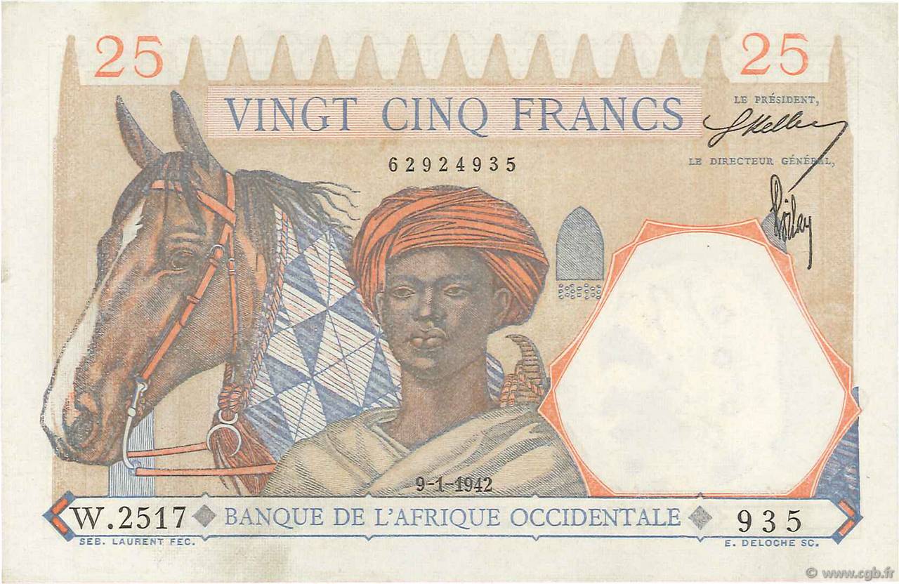 25 Francs FRENCH WEST AFRICA  1942 P.27 EBC