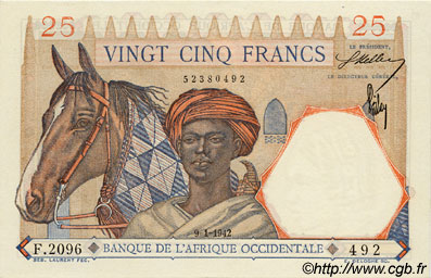 25 Francs FRENCH WEST AFRICA  1942 P.27 UNC-