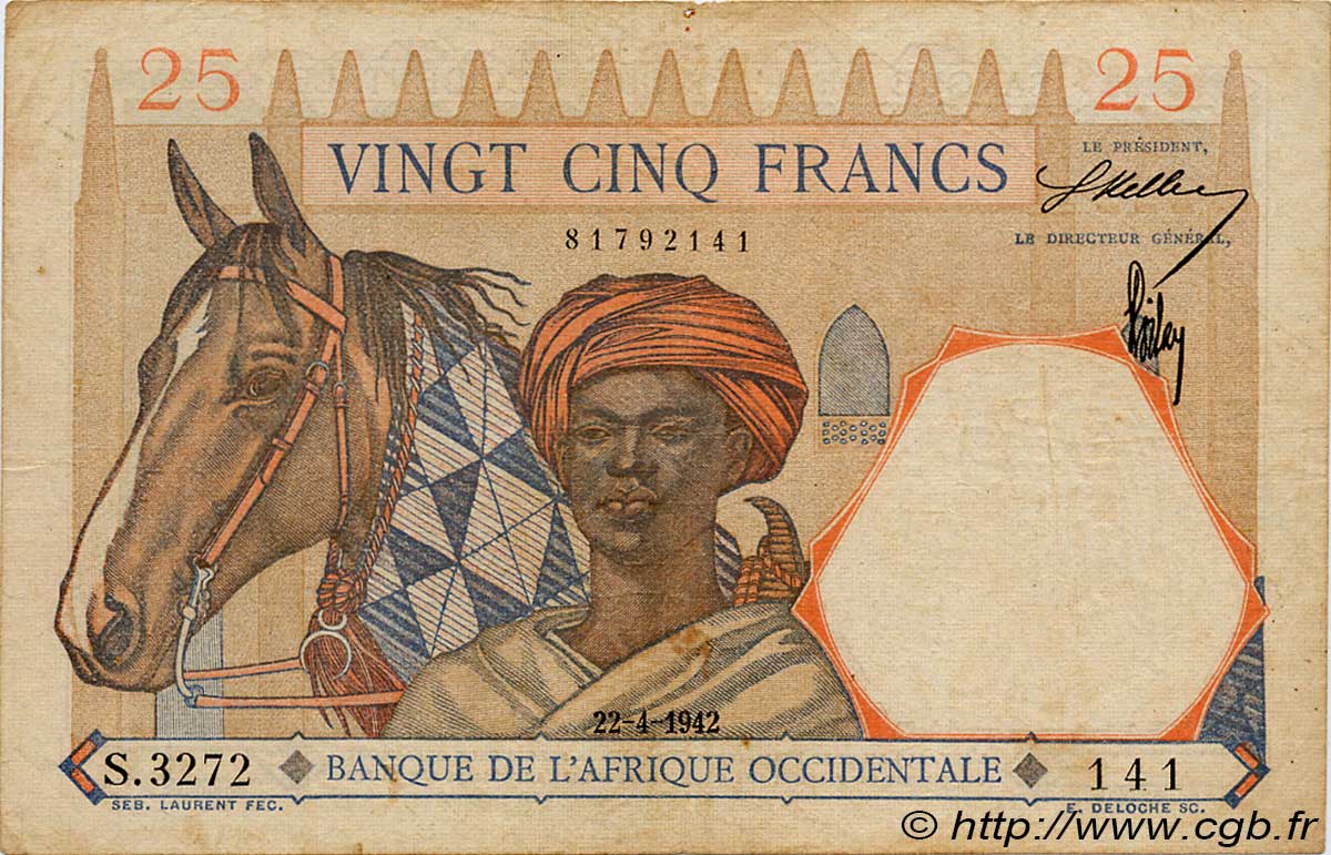 25 Francs FRENCH WEST AFRICA  1942 P.27 F