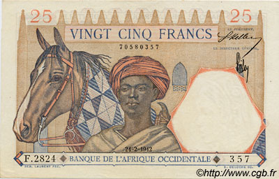 25 Francs FRENCH WEST AFRICA  1942 P.27 AU