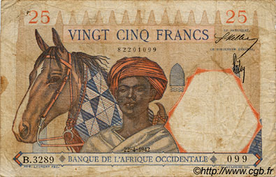 25 Francs FRENCH WEST AFRICA  1942 P.27 B