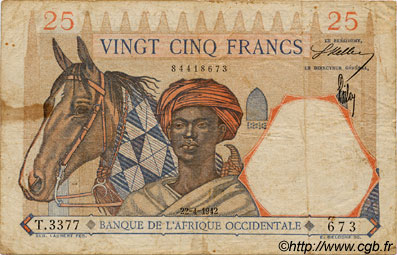 25 Francs FRENCH WEST AFRICA  1942 P.27 VG