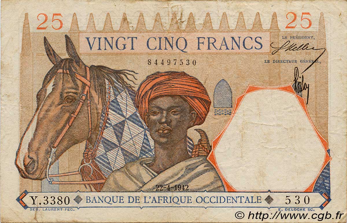 25 Francs FRENCH WEST AFRICA  1942 P.27 F