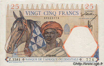 25 Francs FRENCH WEST AFRICA (1895-1958)  1942 P.27 XF+