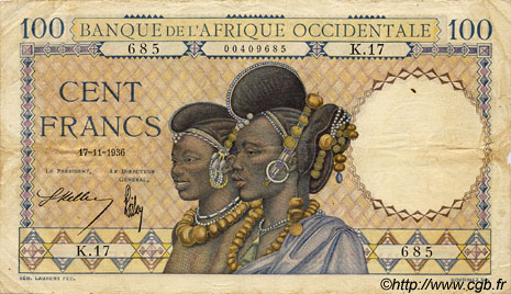 100 Francs FRENCH WEST AFRICA  1936 P.23 F+