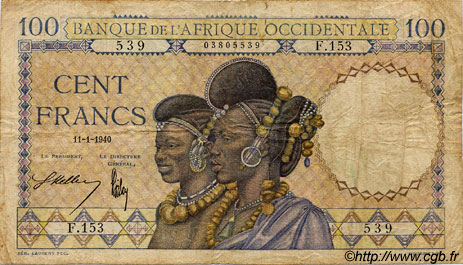 100 Francs FRENCH WEST AFRICA  1940 P.23 RC+