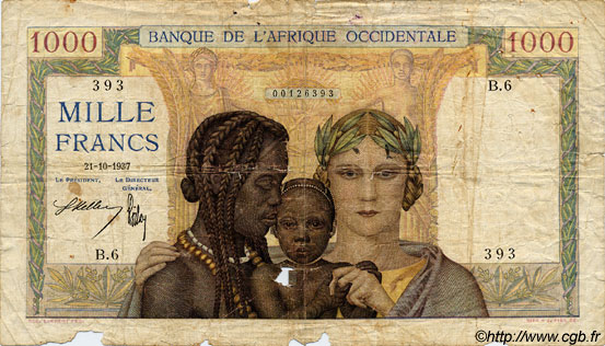 1000 Francs FRENCH WEST AFRICA  1937 P.24 fSGE