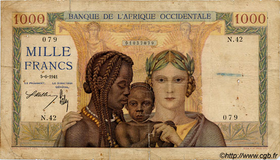 1000 Francs FRENCH WEST AFRICA  1941 P.24 B