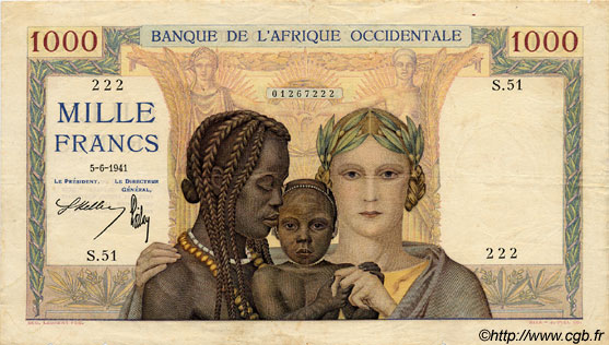 1000 Francs FRENCH WEST AFRICA  1941 P.24 BC+