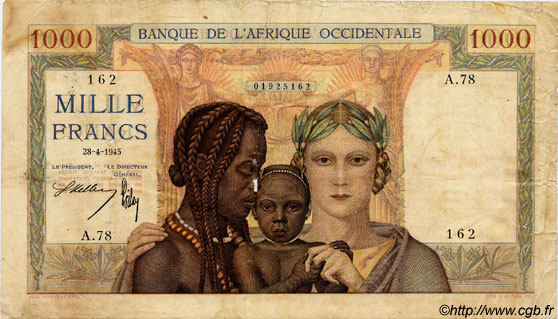 1000 Francs FRENCH WEST AFRICA (1895-1958)  1945 P.24 VG