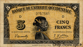 5 Francs FRENCH WEST AFRICA  1942 P.28a MB