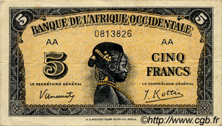 5 Francs FRENCH WEST AFRICA  1942 P.28a VF