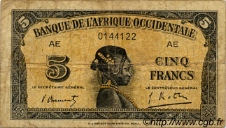 5 Francs FRENCH WEST AFRICA  1942 P.28b VG