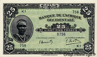 25 Francs FRENCH WEST AFRICA  1942 P.30a AU