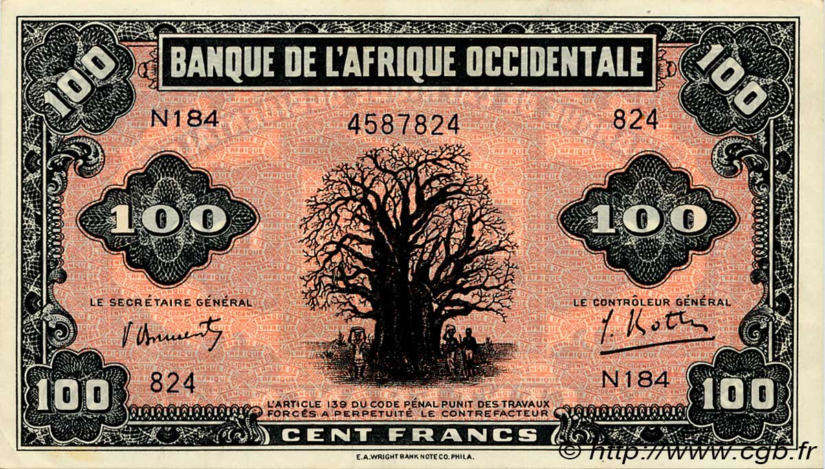100 Francs FRENCH WEST AFRICA  1942 P.31a UNC-