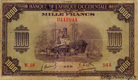 1000 Francs FRENCH WEST AFRICA  1942 P.32 RC+