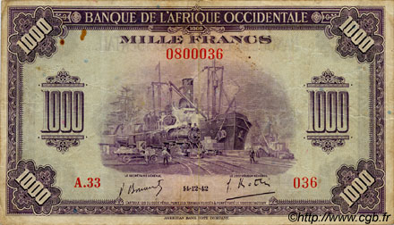1000 Francs FRENCH WEST AFRICA  1942 P.32 BC a MBC