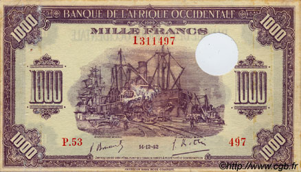 1000 Francs Annulé FRENCH WEST AFRICA  1942 P.32 F - VF
