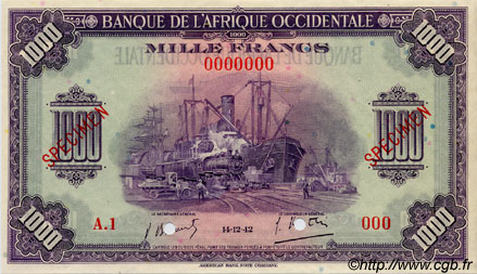 1000 Francs Spécimen FRENCH WEST AFRICA  1942 P.32s fST+