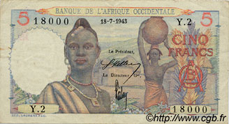 5 Francs FRENCH WEST AFRICA  1943 P.36 MBC
