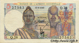 5 Francs FRENCH WEST AFRICA  1943 P.36 VF+