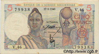 5 Francs FRENCH WEST AFRICA  1943 P.36 XF+