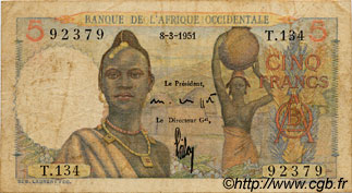 5 Francs FRENCH WEST AFRICA  1951 P.36 VG
