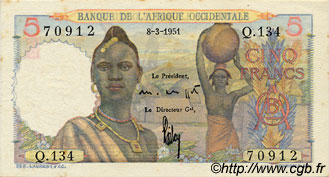 5 Francs FRENCH WEST AFRICA  1951 P.36 EBC