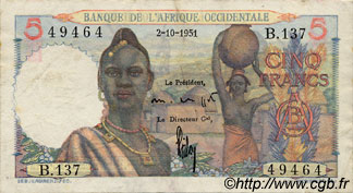 5 Francs FRENCH WEST AFRICA  1951 P.36 VF-
