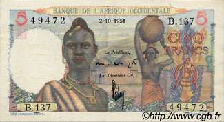 5 Francs FRENCH WEST AFRICA  1951 P.36 XF