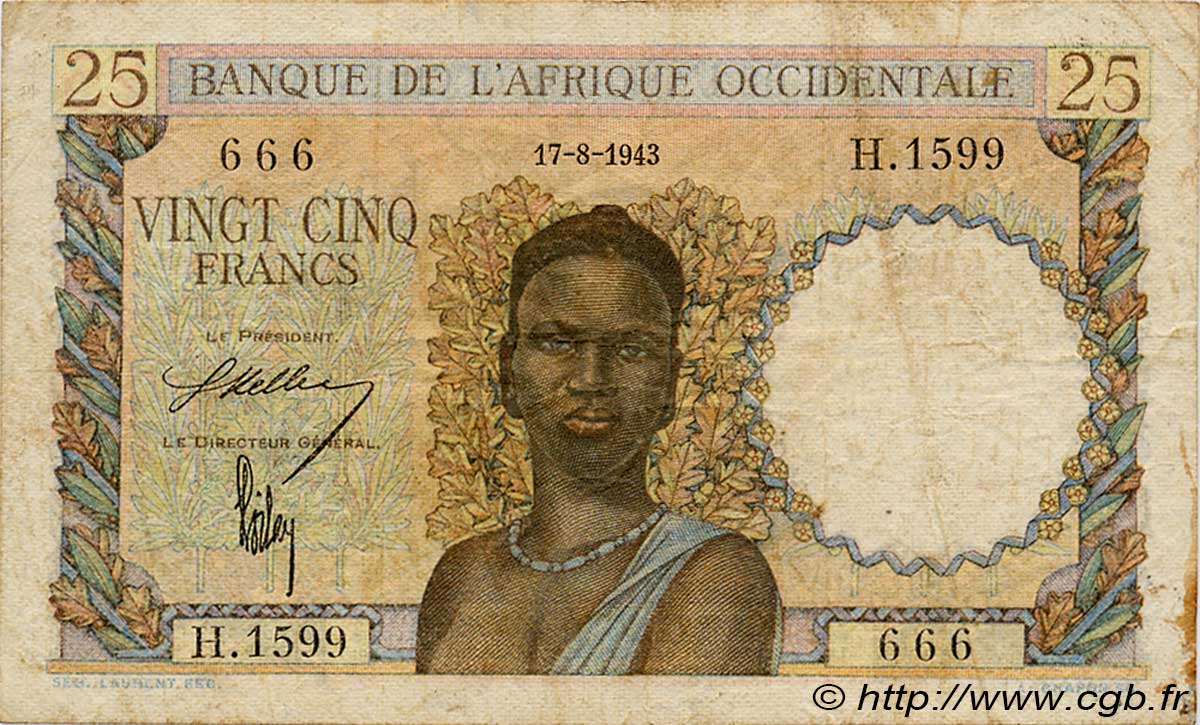 25 Francs FRENCH WEST AFRICA  1943 P.38 S