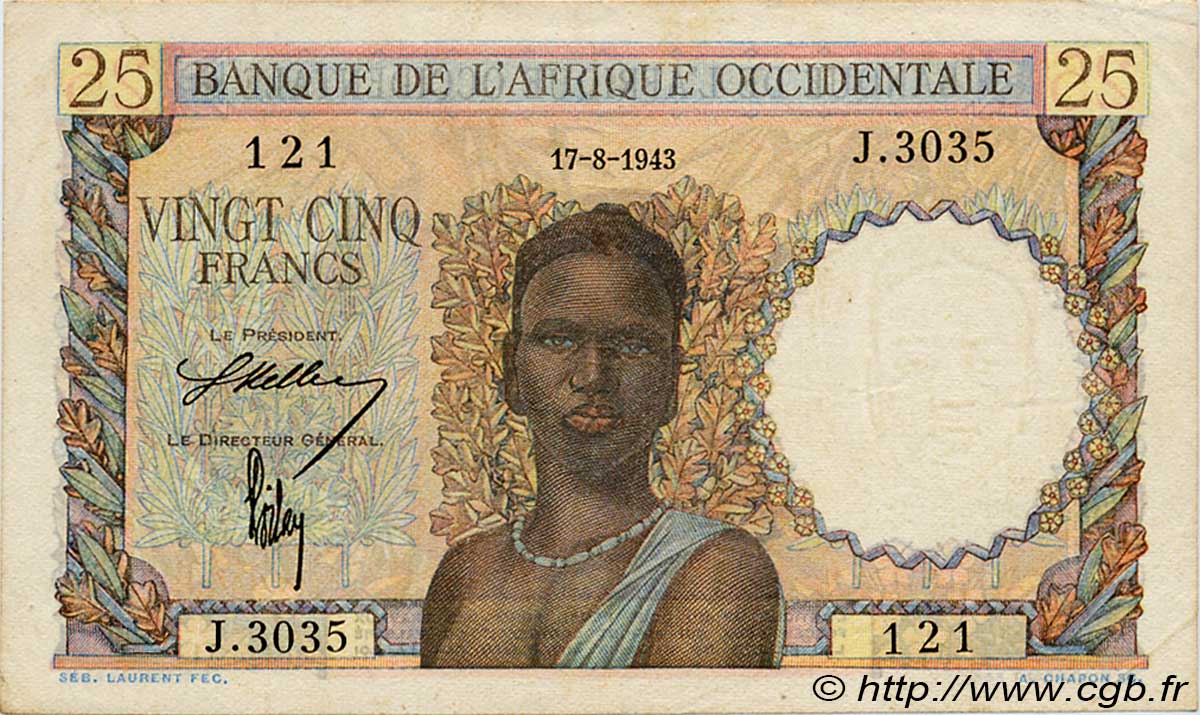 25 Francs FRENCH WEST AFRICA  1943 P.38 fVZ