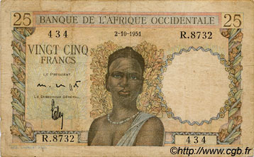25 Francs FRENCH WEST AFRICA  1951 P.38 RC+