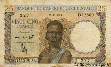 25 Francs FRENCH WEST AFRICA  1954 P.38 VG