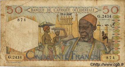 50 Francs FRENCH WEST AFRICA  1948 P.39 q.MB